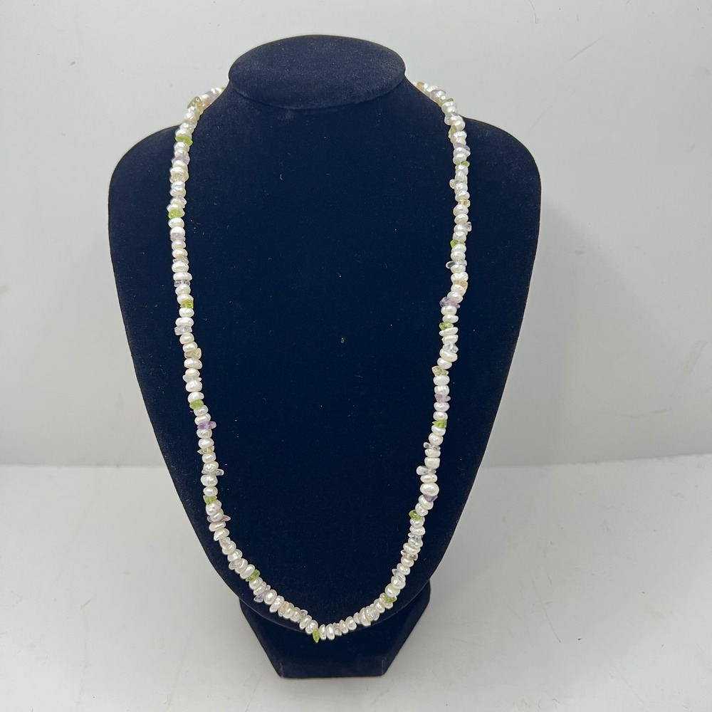 Sterling Silver 925 Freshwater Pearl Gemstone Chip Necklace Amethyst Peridot